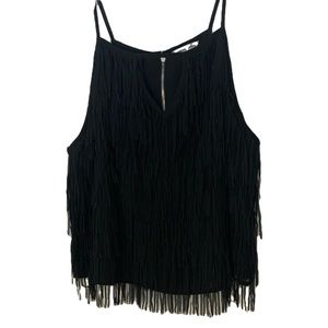 Black Fringe Strappy Tank Top With Front Keyhole